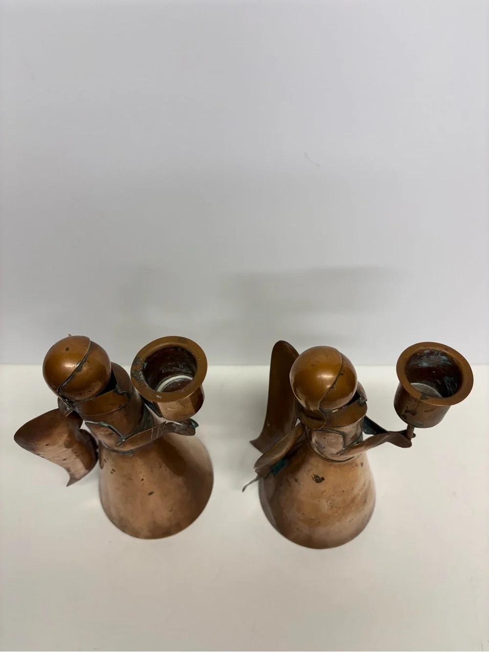 Vintage Copper Angel Candle Holders - Pair Folk Art Set 2
